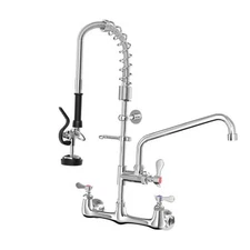 Commercial Wall Mount Kitchen Faucet with Pull Down Pre-Rinse Sprayer, 