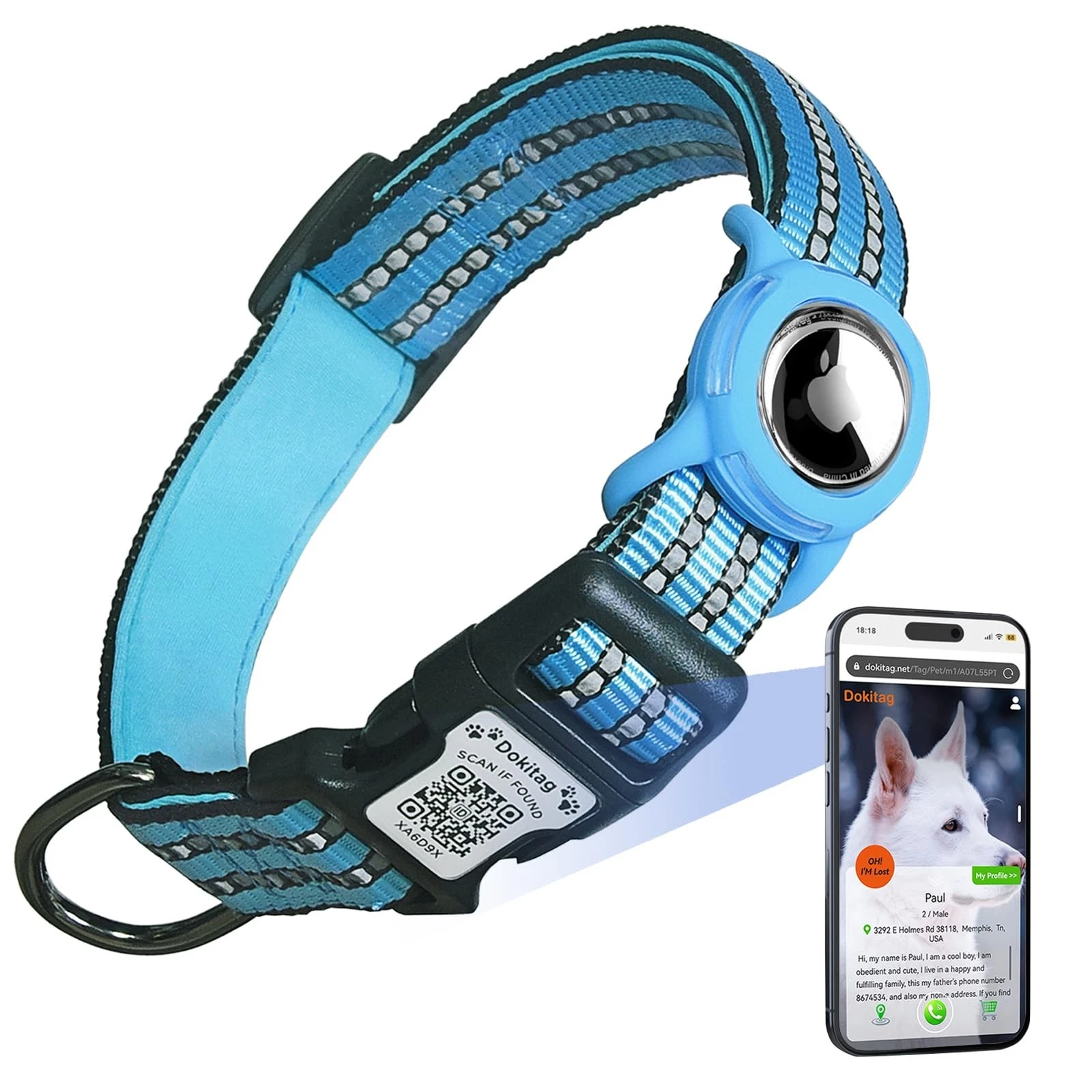 Reflective Dog Collar with Apple AirTag Holder & QR Code Pet ID Tag,Soft Nylo...