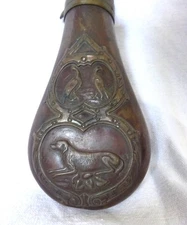 Rare Vintage Brass Rifle Shotgun Powder Flask Dog & Birds Black Powder
