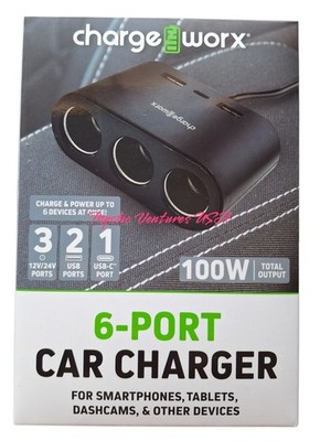 Charge Worx 6 Outlet Power Adaptor 12/24V DC USB-C USB Cigarette Lighter Extend