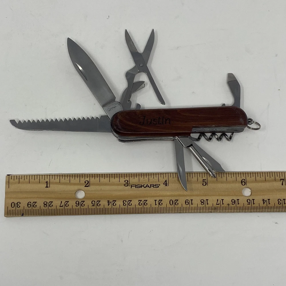 Multi-tool Pocket Knife Justin Kansas Buffalo Engraved On Wood Handle Souvenir