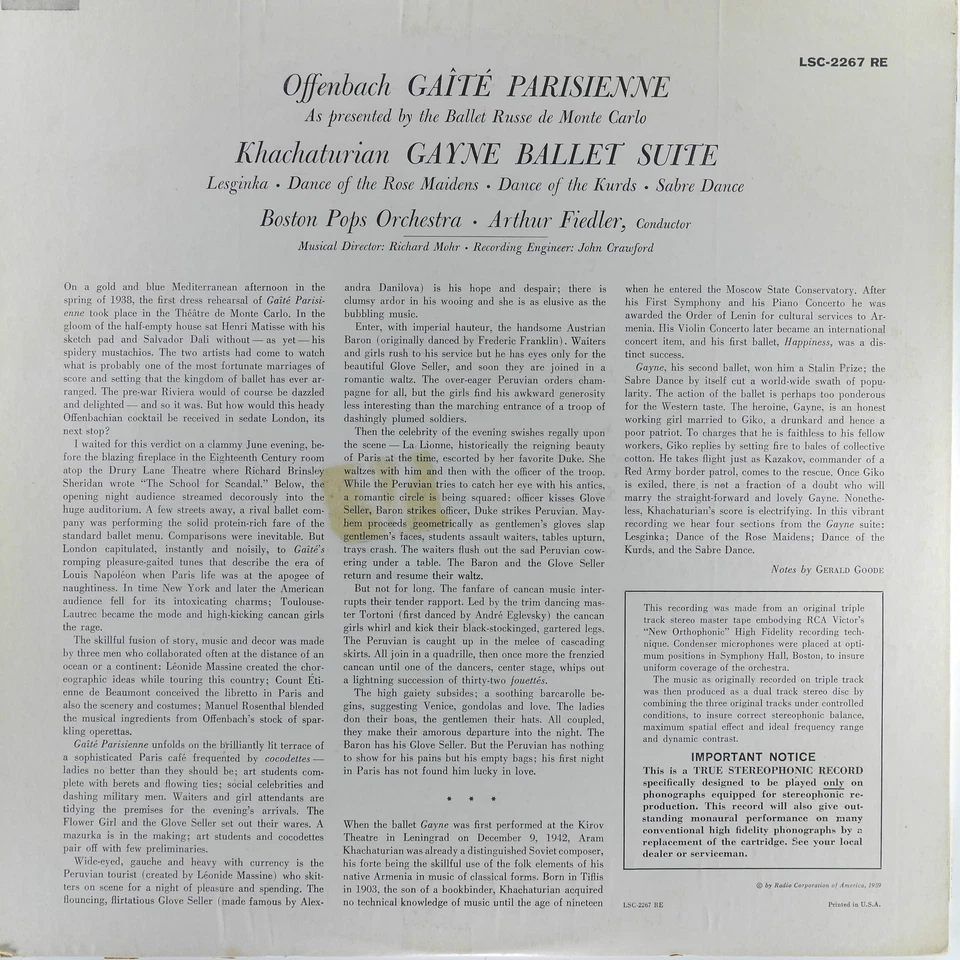 JACQUES OFFENBACH Gaîté Parisienne RCA VICTOR LSC-2267 VG+ / VG- LP 1959 Modern - Image 2 of 4