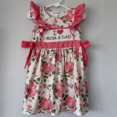 Marie Nicole Floral Toddler Dress Embroidered I Love Mom & Dad Spring Small 2 Yr