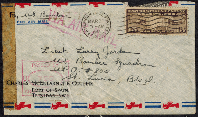 St. Lucia 1942 WWII Cover From UPO #805 to Bomber Squadron USP #804 Censor 750