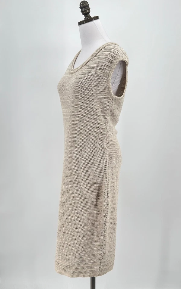 Vestido Vaina Escada Tostado Metálico Mezcla de Lino Crochet Abierto Sin Mangas Talla M Foto 2 de 4