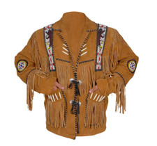 Men Native American Western Cowboy Leather Jacket Suede Coat Fringe Beads