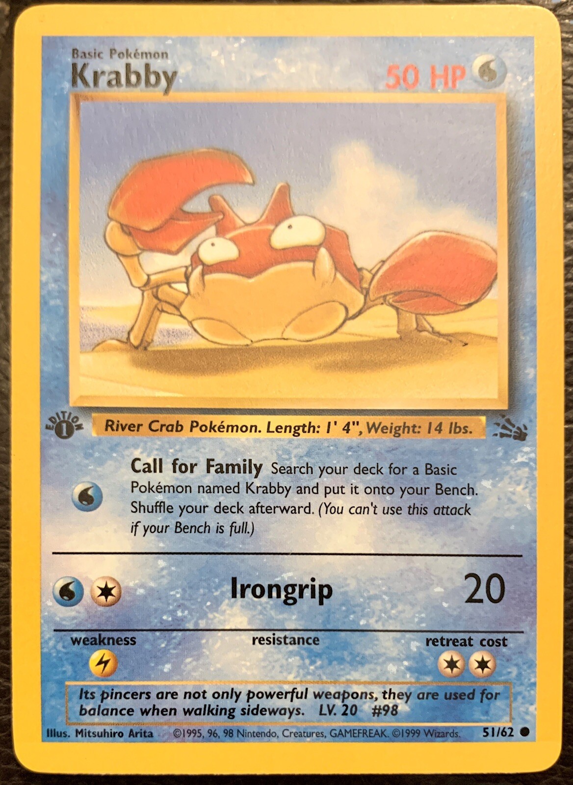 POKEMON 1999 FOSSIL 1ST EDITION KRABBY 51/62 M/NM