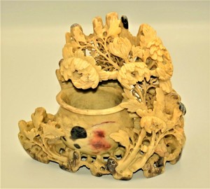 Antique Chinese Carved Soapstone Dynasty Inkstand Incense Floral Bird Sculpture