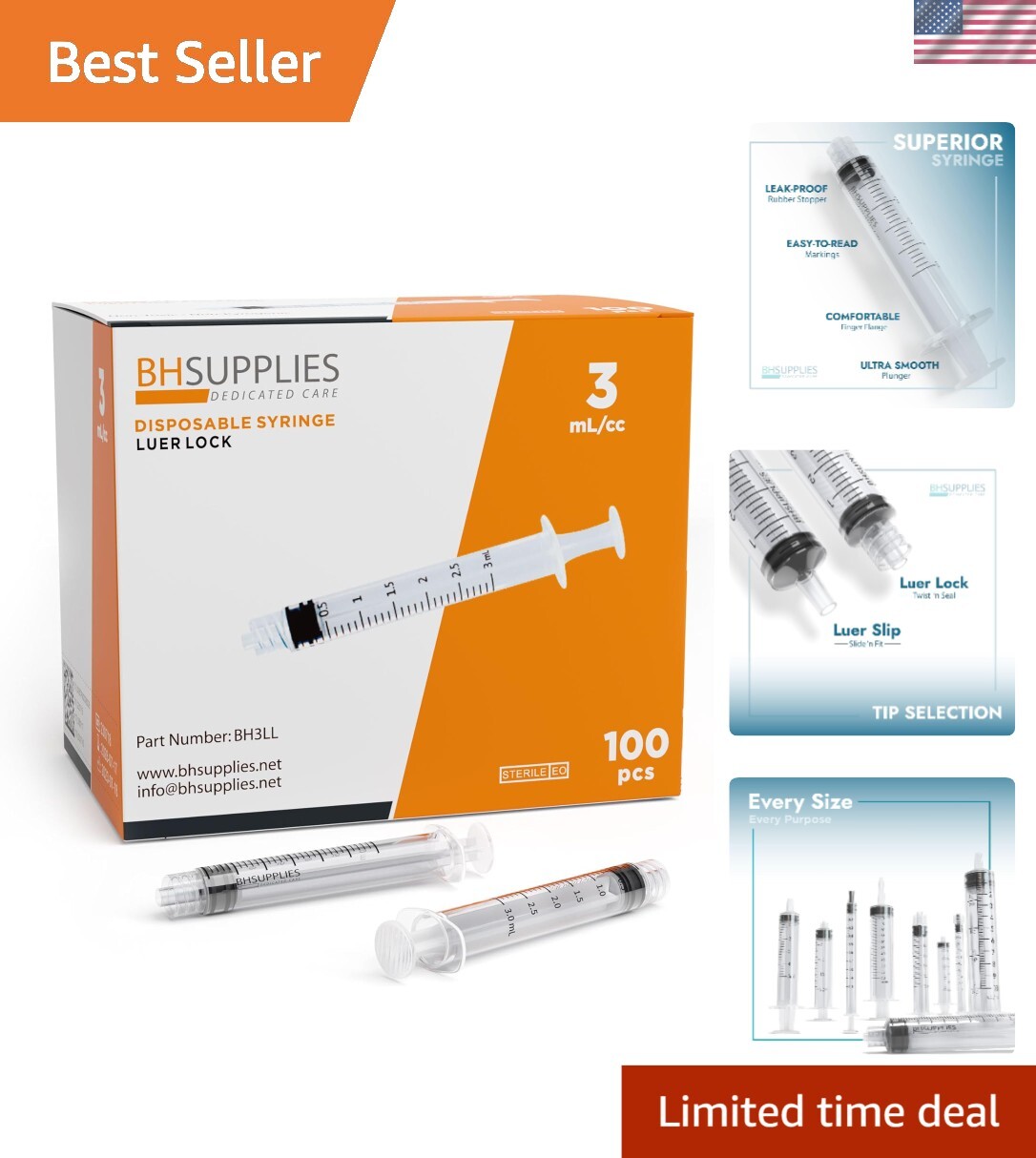 100 Sterile 3ml Luer Lock Syringes No Needle - Individually Wrapped for Safety
