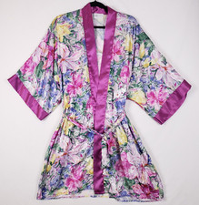 Cypress Vintage Floral Satin Robe Medium House Coat Belted Pockets USA 80's