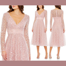 NEW 498 Mac Duggal 24 Embellished Illusion Long Sleeve Dress Rose G1394