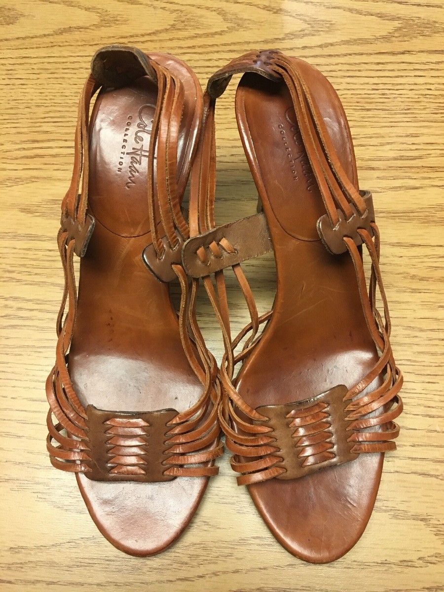 Cole Haan Leather Strappy Peep Toe High Heel Sandals, Brown, B