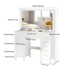 Big Vanity Desk Set with 3 Colors LED Lighted Mirror and 7 Drawers Makeup Table