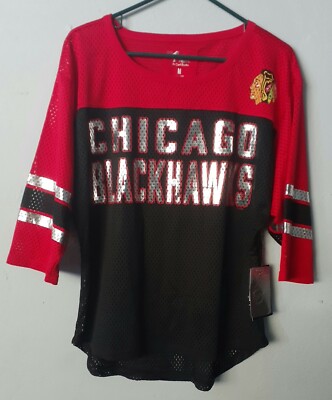 Chicago BlackHawks NHL G-III Her Carl Banks Red Black Silver Mesh Shirt  Size M