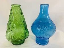 2 Vintage Wheaton Glass Bottles Green Christmas Tree & Blue Holly Berries 6” T