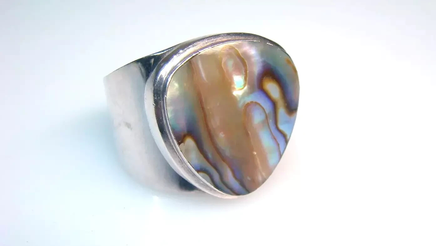 Large Sterling Abalone Silver Statement Ring Size… - image 1
