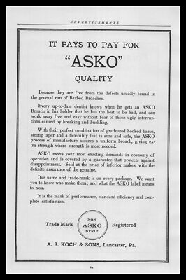 1920 A. S. Koch & Sons Lancaster Pennsylvania Dental Barbed Broaches Print Ad