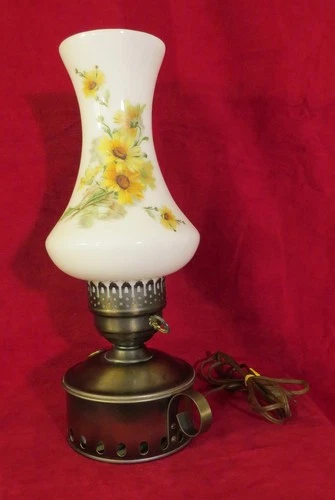 Vintage 40's Milk Glass Sunflower painted Shade Oil Lamp Base Table Lamp