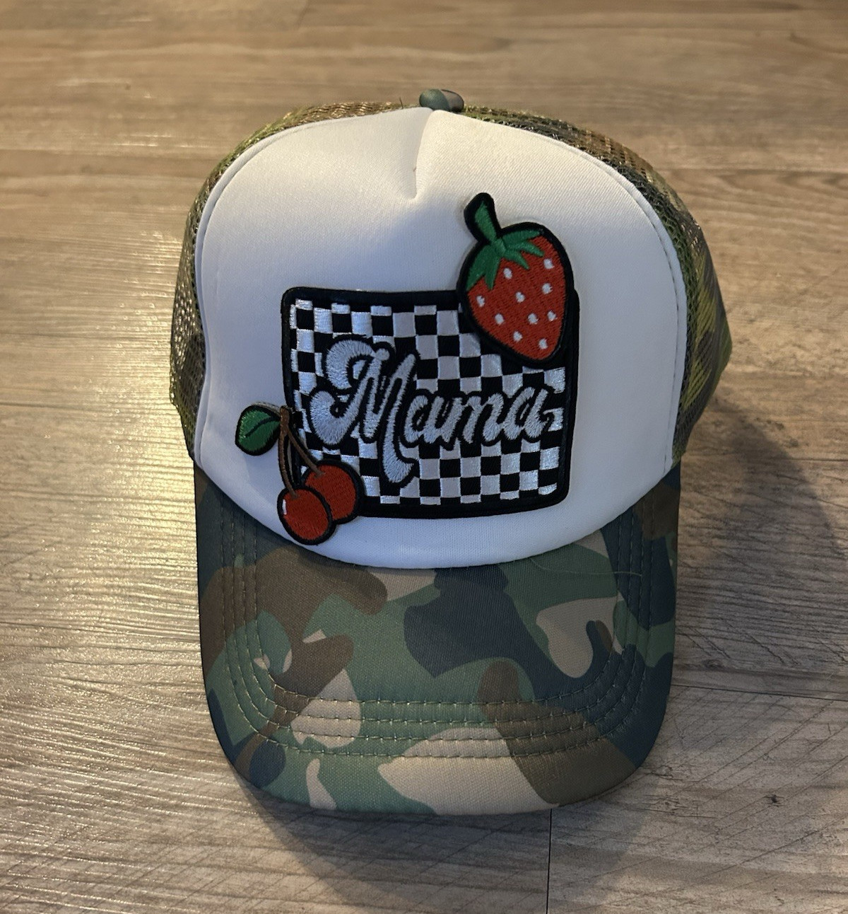 Green/White Camo Mesh Back Trucker Hat Mama Patch Adjustable One Size