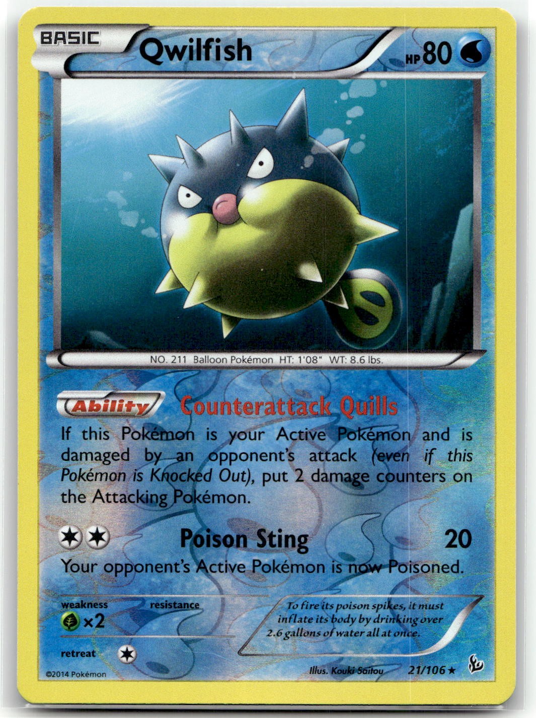 Qwilfish 21/106 Rare Flashfire Pokemon Reverse Holo LP