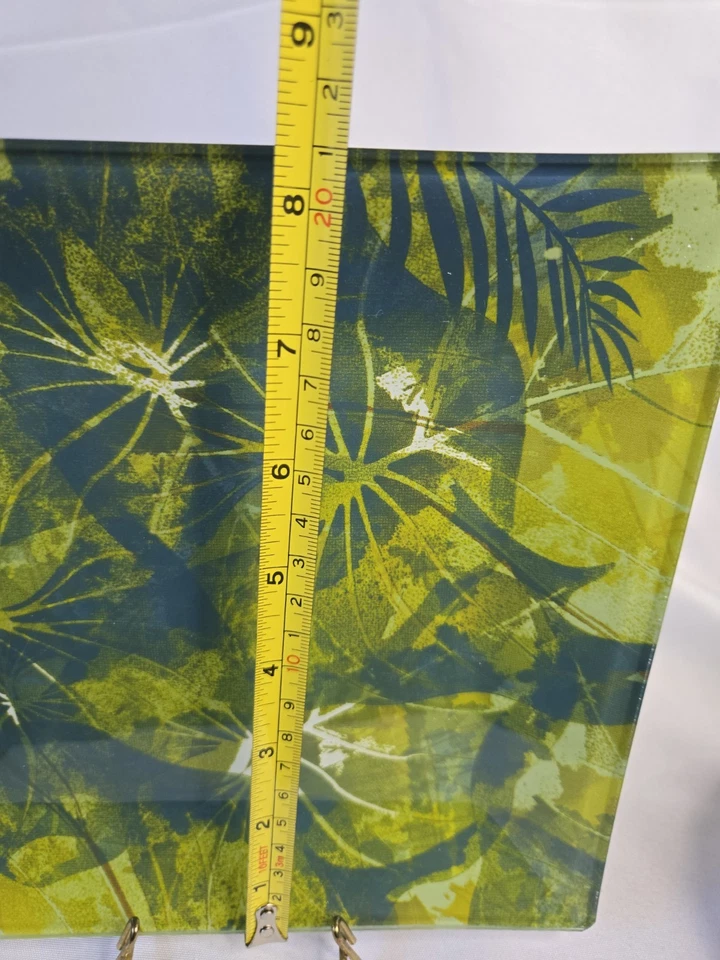 4 Vintage MCM Fused Glass 8" Square Plates Green Blue White Brown Leaves Stems - Image 3 of 3