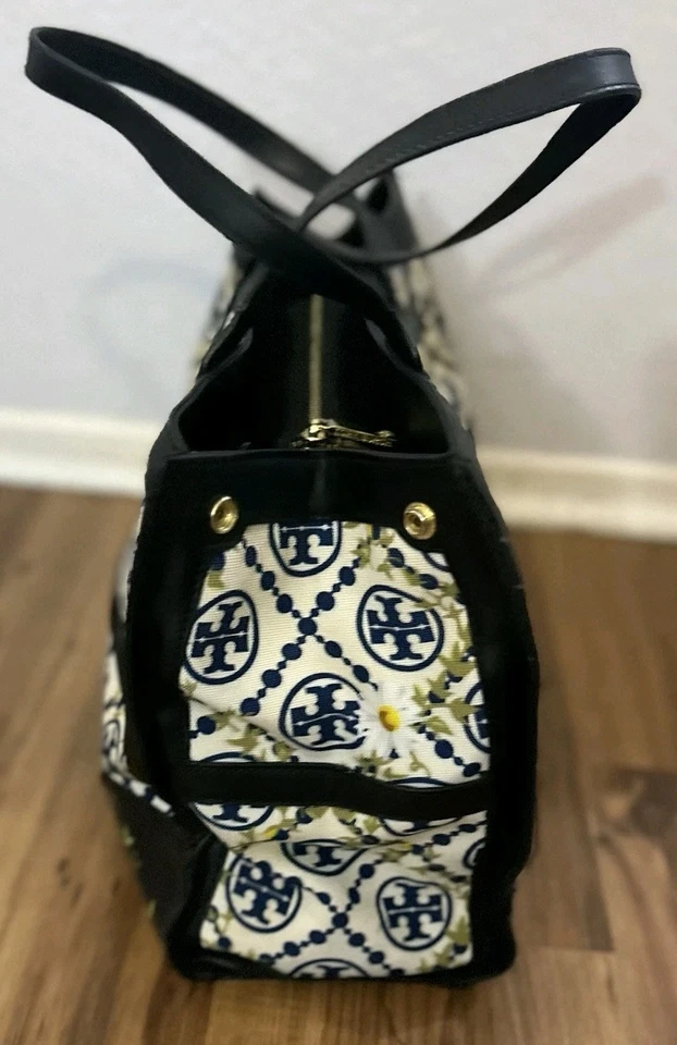 TORY BURCH Ella Large Canvas Quadrant Tote Bag Black Leather Canvas Floral Print - Image 3 of 4