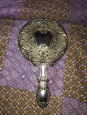 Vintage Silver Plated  (?)  Art Nouveau Style Hand Held Round Vanity Mirror