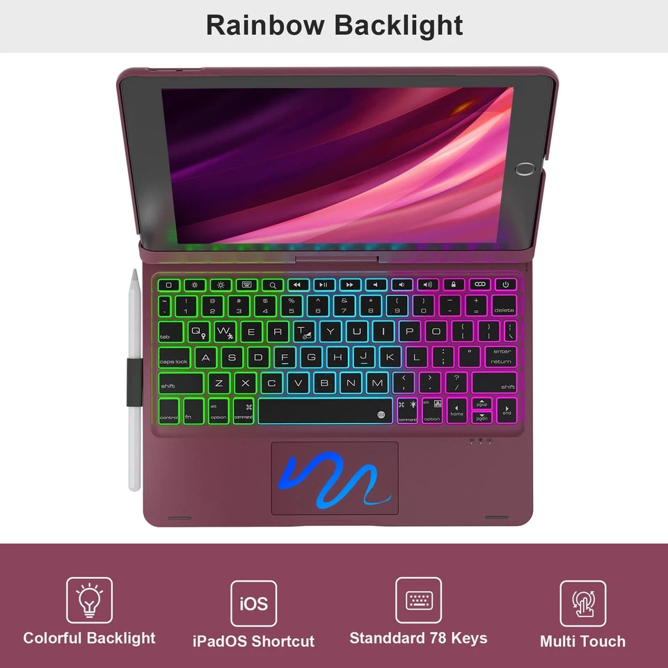 Funda iPad 9ª Generación con Teclado Panel Táctil Giratorio 360° y 7 Colores Ba... Foto 4 de 4