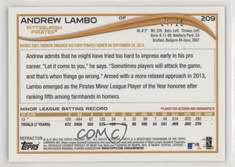 2014 Topps Chrome /25 Andrew Lambo #209 Auto - Image 2 of 2