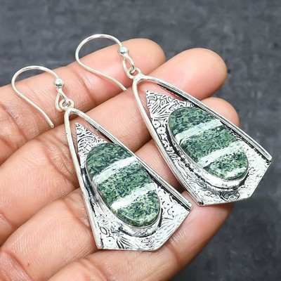 Banded Green Opal Gemstone 925 Sterling Silver Jewelry Earring 2.76''