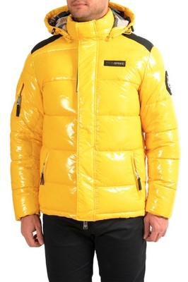 Plein Sport Men's Yellow Logo Print Zip Up Hooded Parka Jacket US L IT 52