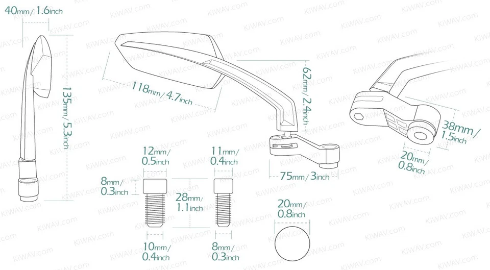 Espejo retrovisor rótula ajustable verde y negro M8 M10 se adapta a Suzuki GT500 GT550 GT750 Foto 2 de 4