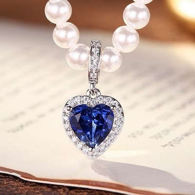 Certified 2ct Lab Grown Blue Sapphire Pearl Necklace 18K Gold Vermeil, Duty-free