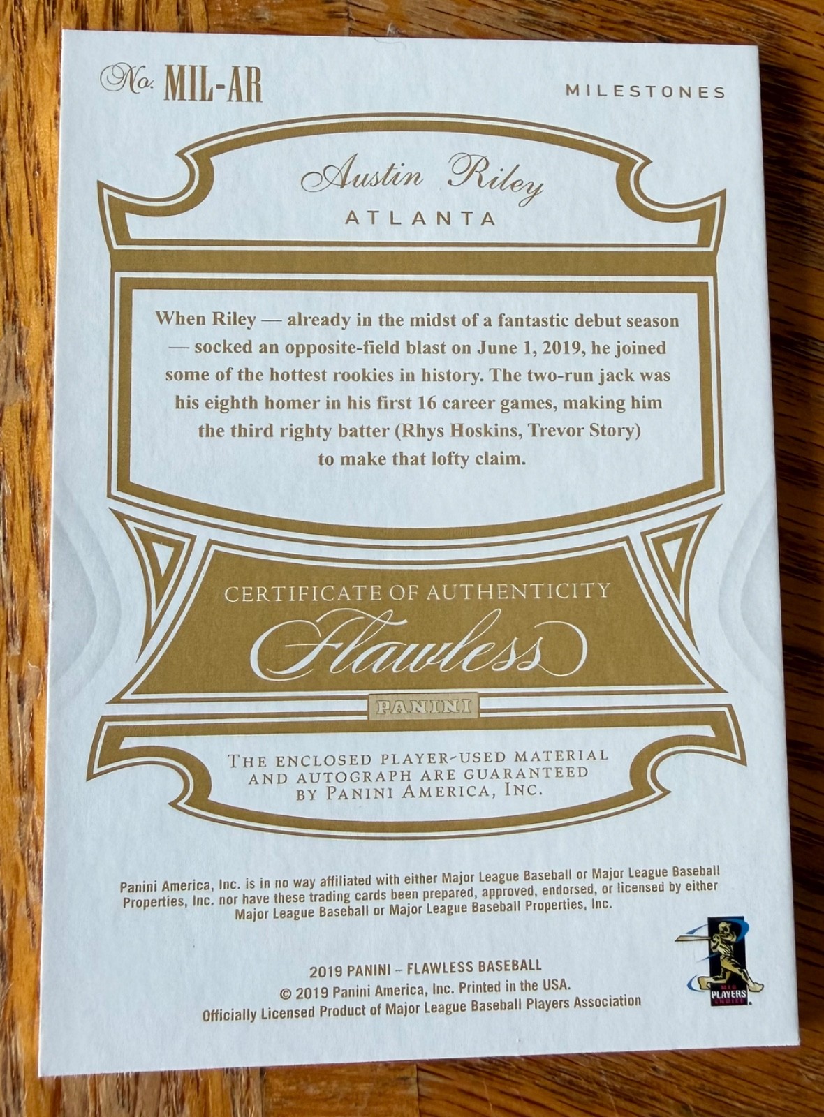 2019 Flawless Milestones Austin Riley Braves Majestic Auto Patch RC 1/1 WOW! view 2