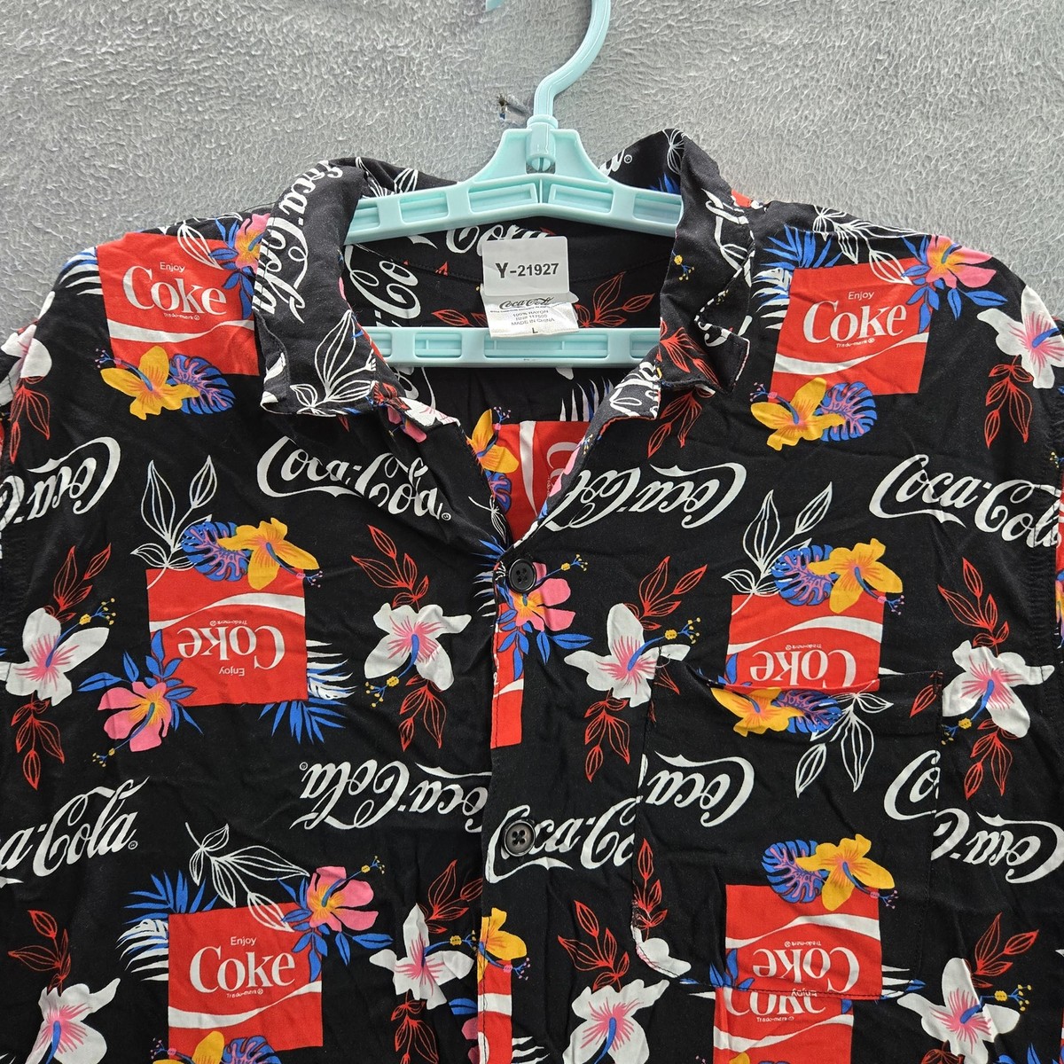 Coca-Cola Men Button Up Shirt L Black Floral Graphic Print Coke