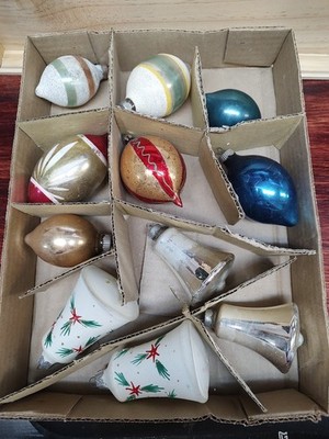 11 Vintage Teardrop & Bell Shaped Ornaments, Shiny Brite & Others, Some Painted
