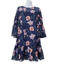 Eliza J Women size 4 Floral Bell Sleeves Tiered Shift Dress Spring Summer Blue