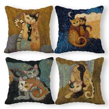 Abstract Linen Throw Pillow Case Set of 4, 18 x 18 Inch, Funny Cat Pillow, Ch...