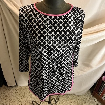 Ruby Road Womens Small Long Sleeve Stretch White/Blach Graphic Pattern Pink Trim