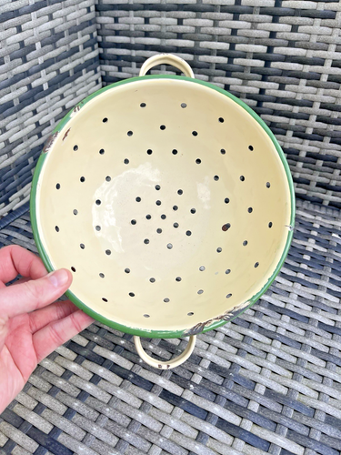 VINTAGE 50S CREAM & GREEN ENAMEL FARMHOUSE KITCHEN COLANDER STRAINER SIEVE JUDGE - Picture 11 of 13