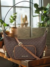 Michael Kors Merritt Women Medium MK Logo Pocket Convertible Shoulder Bag Brown