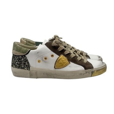 Philippe Model Paris Damen Sneaker Leder Weiß Details Glitzer Gold PRLD CG01
