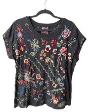 Johnny Was M Dreamer Relaxed Tee T-Shirt Grey Floral Bird Embroidered Cotton Top
