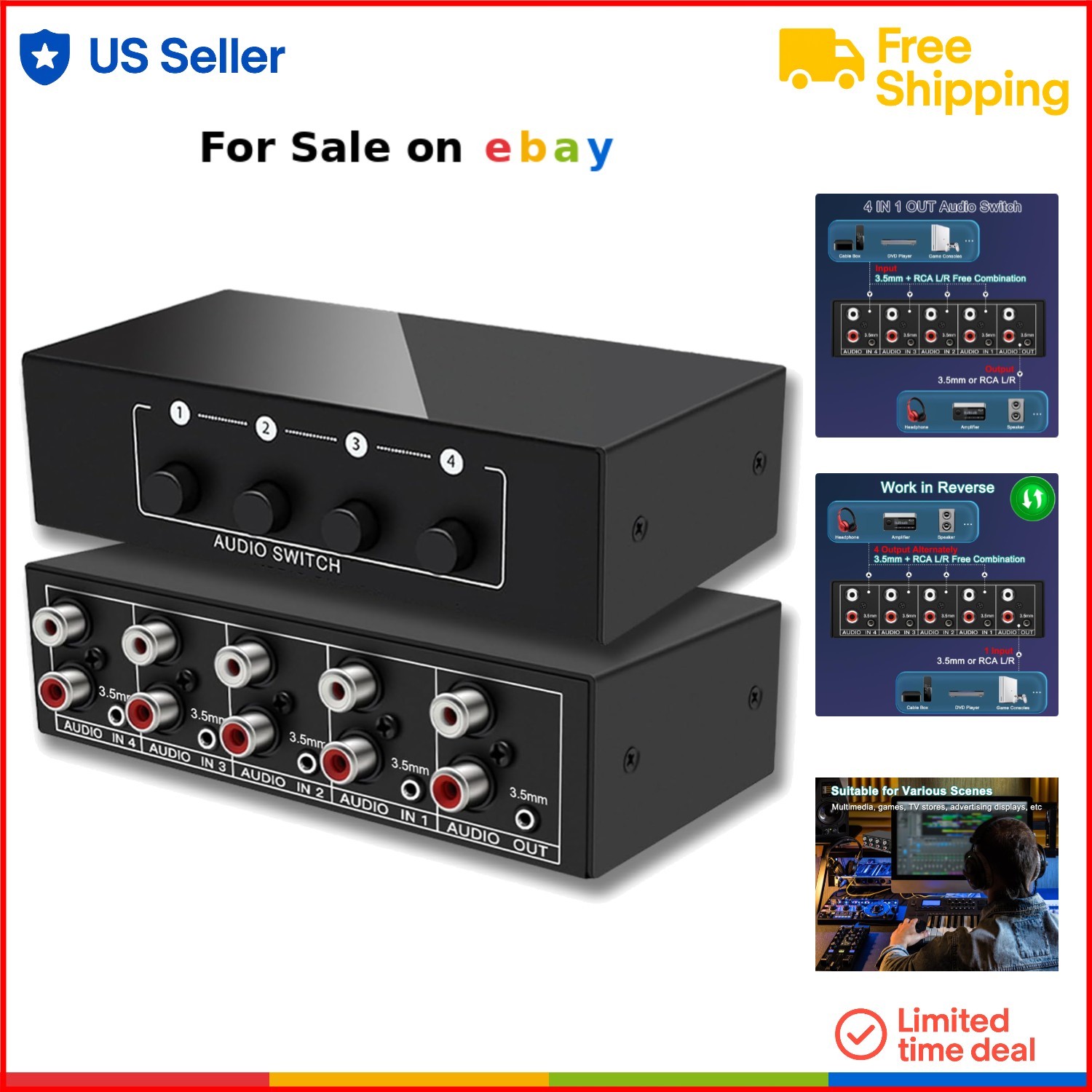 Audio Switcher 4 in 1 Out Bi-Directional Stereo RCA Aux Selector for Home Gaming