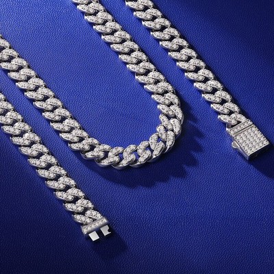 8mm Iced MOISSANITE Miami Cuban Link Chain Men Women 925 Silver Necklace 20in
