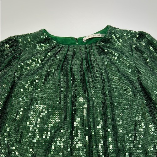Alice + Olivia Avila Sequin Blouse Small Forest Green Puffy Long Sleeve $375 - Picture 5 of 13