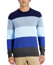 Men's Blue Colorblock Club Room 100% Cotton Crew Neck Sweater, Size Medium