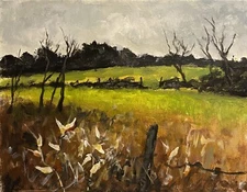 Original Impressionist Painting Landscape  Green Fields  Acrylic /Canvasboard