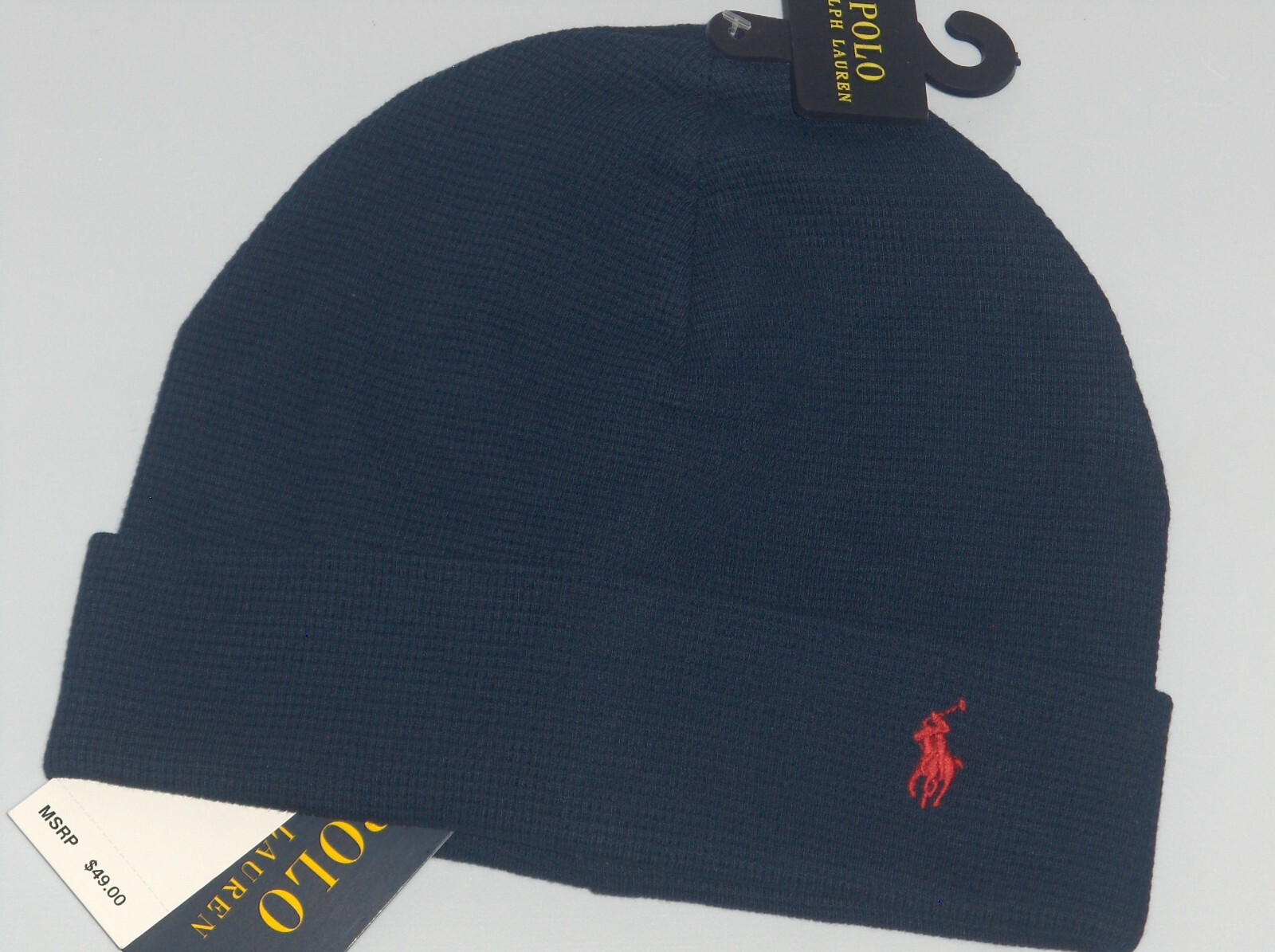 POLO RALPH LAUREN Cappello Uomo Cotone Termico Pony Beanie Berretto Sci BLU NAVY Nuovo con etichette