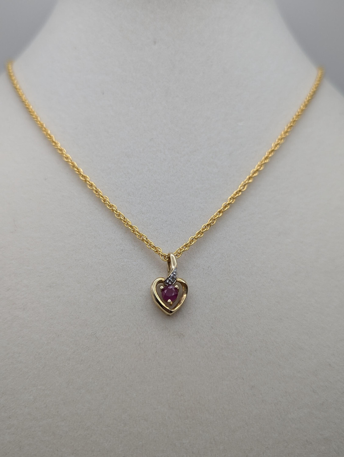 14K Solid Gold Diamond Ruby Heart Love Pendant & … - image 2